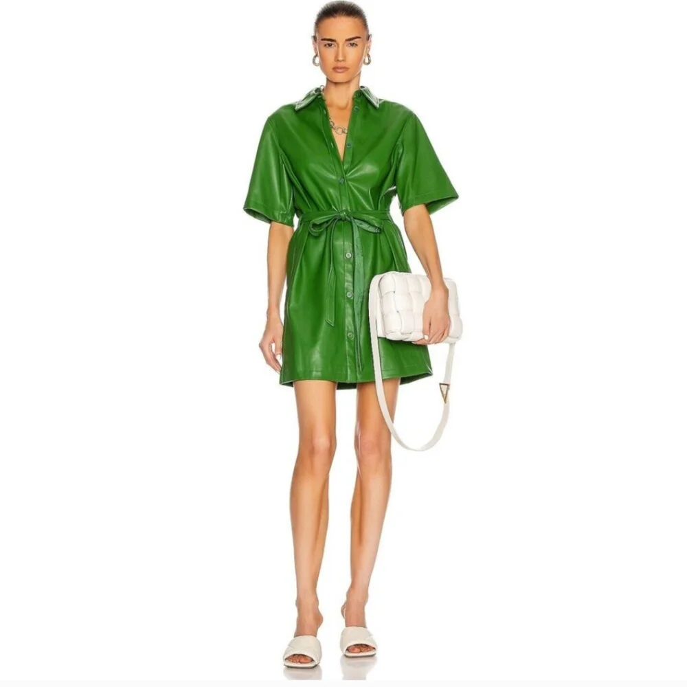 STAUD Dress Womens XS Blaze Belted Faux Leather Green Mini Shirt Dress Dopamine - Picture 3 of 9
